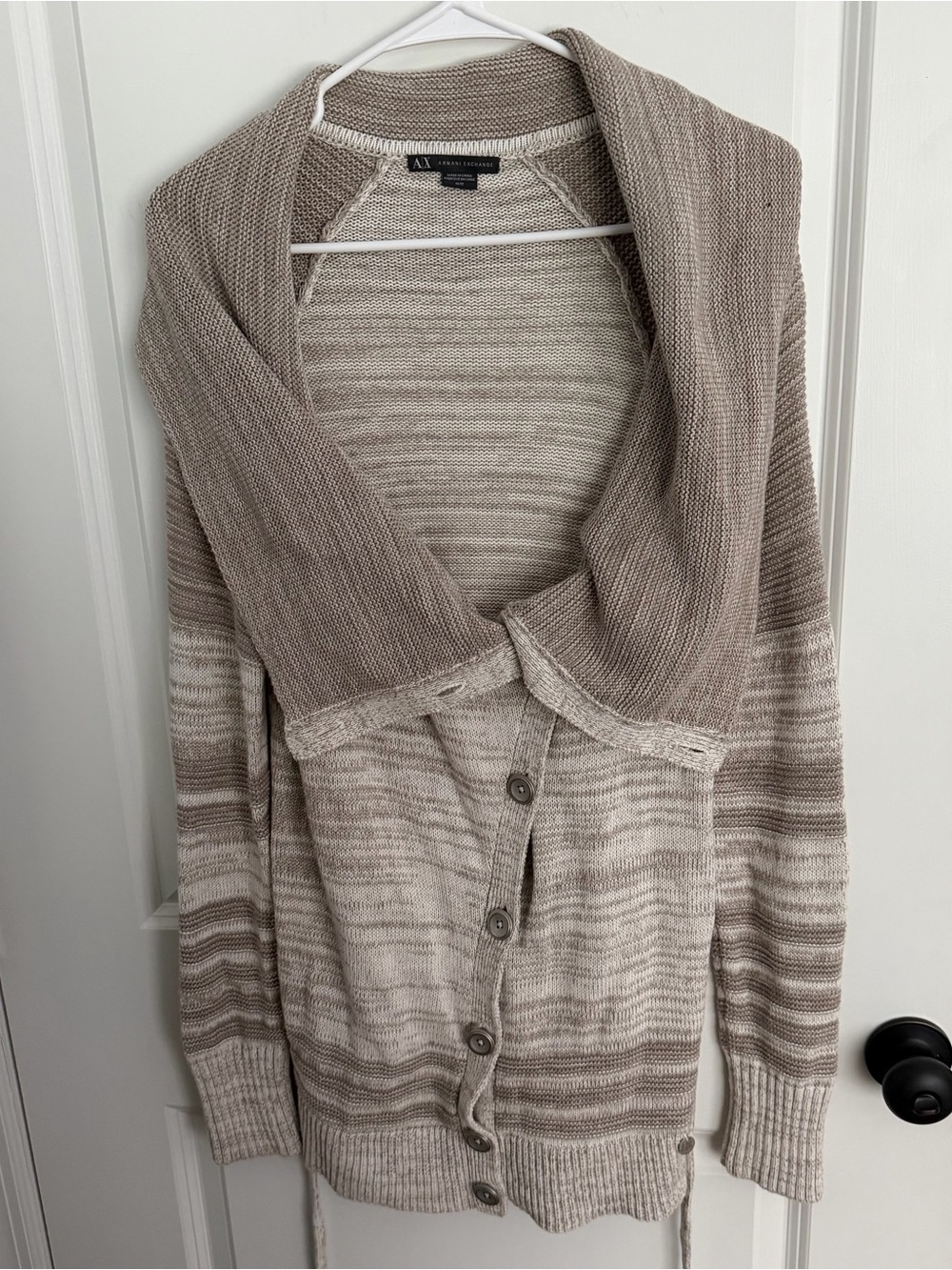 Armani Exchange Taupe and Cream Button-Front Shawl Collar Cardigan